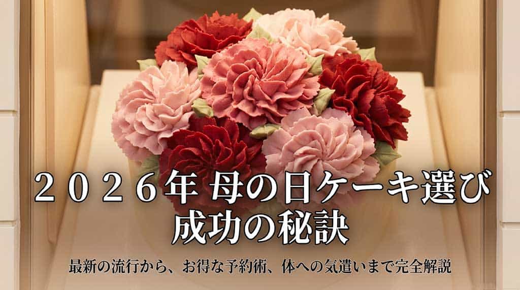 2026年母の日ケーキ選びのトレンド、予約術、健康志向を解説するタイトルスライド画像