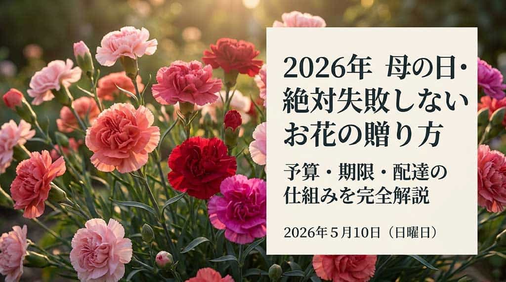 2026年5月10日の母の日に向けた、花キューピットの予算・期限・配送の仕組みを完全解説するガイドの表紙