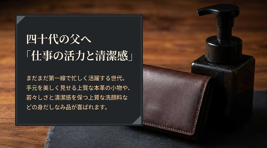 40代の父親へ向けて、仕事の活力と清潔感をテーマに、手元を美しく見せる上質な本革小物や若々しさを保つ洗顔料などの身だしなみ品を提案するスライド画像 。