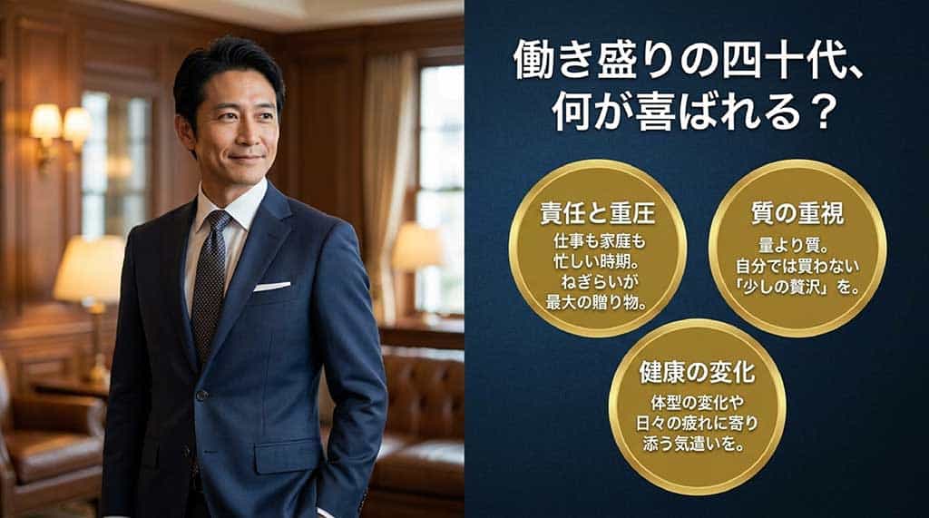 働き盛りの40代男性が喜ぶ「ねぎらい」「質の重視」「健康の変化」の解説