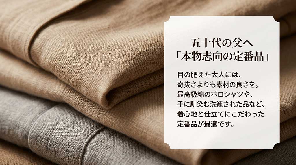 50代の父親へ向けて、本物志向の定番品として、素材の良さにこだわった最高級綿のポロシャツや仕立ての良い品を提案するスライド画像 。