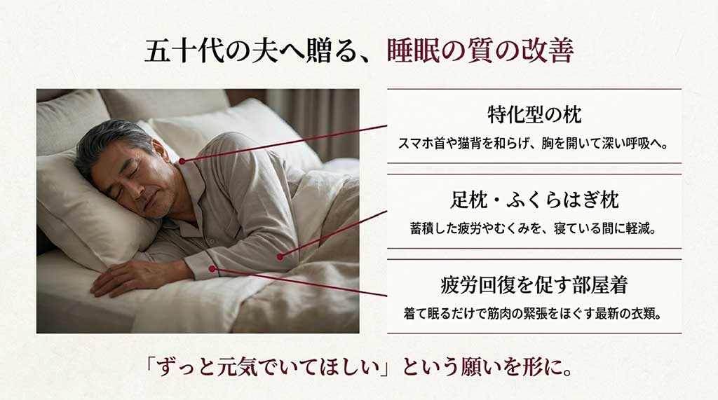 50代の夫へ贈る、特化型の枕、足枕・ふくらはぎ枕、疲労回復を促す部屋着（リカバリーウェア）など睡眠の質を改善するヘルスケアグッズの紹介スライド