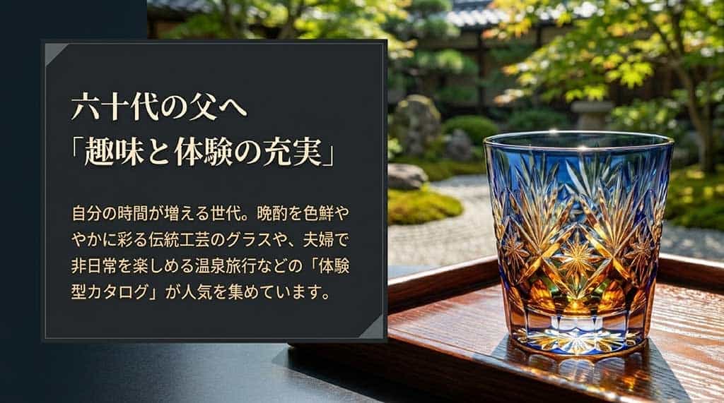 60代の父親へ向けて、趣味と体験の充実をテーマに、晩酌を彩る伝統工芸のグラスや夫婦で楽しめる温泉旅行などの体験型カタログを提案するスライド画像 。