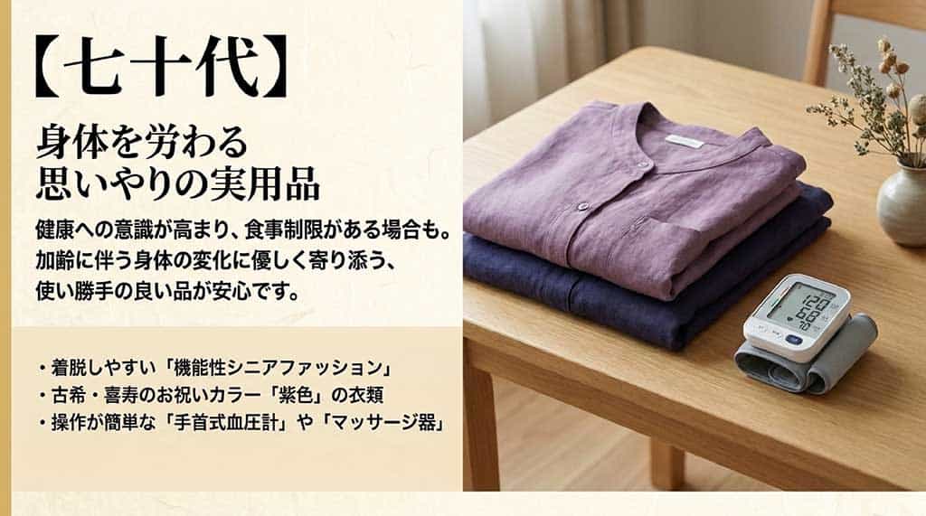 70代の義父向けギフト。機能性シニアファッション、古希・喜寿のお祝いカラーである紫色の衣類、手首式血圧計やマッサージ器などを紹介するスライド