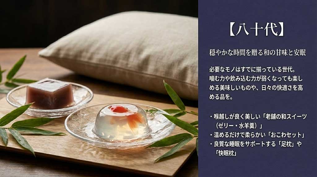 80代の義父向けギフト。老舗の和スイーツ（ゼリー・水羊羹）、おこわセット、足枕や快眠枕などの穏やかな時間を贈るアイテムを紹介するスライド