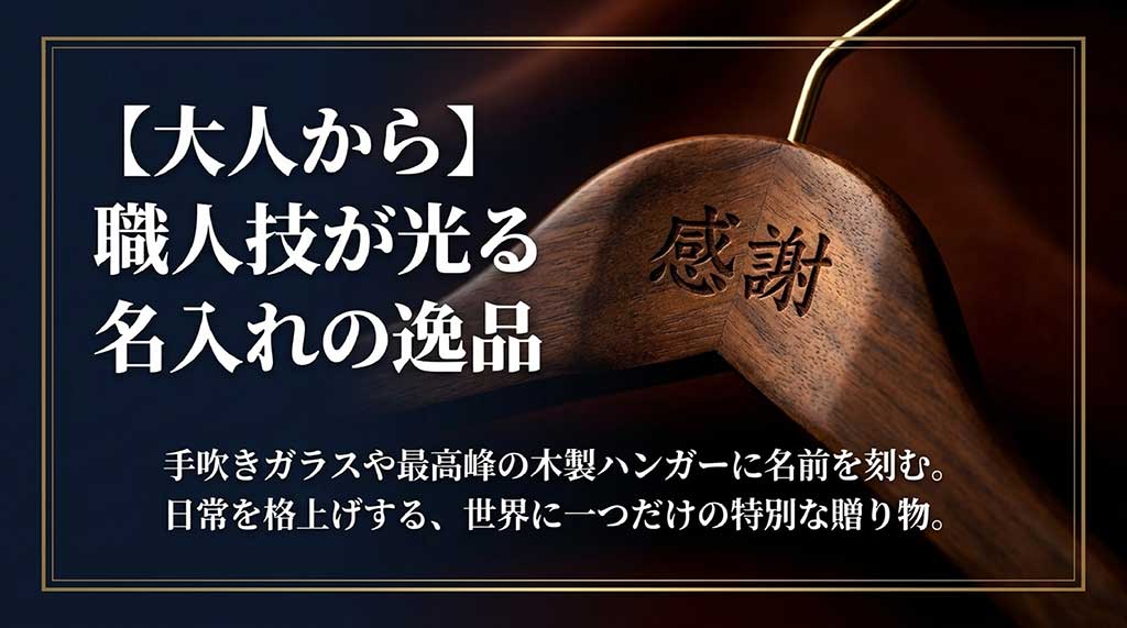手吹きガラスや最高峰の木製ハンガーに名前を刻み、日常を格上げする世界に一つだけの特別な贈り物(セミオーダーギフト)の紹介スライド