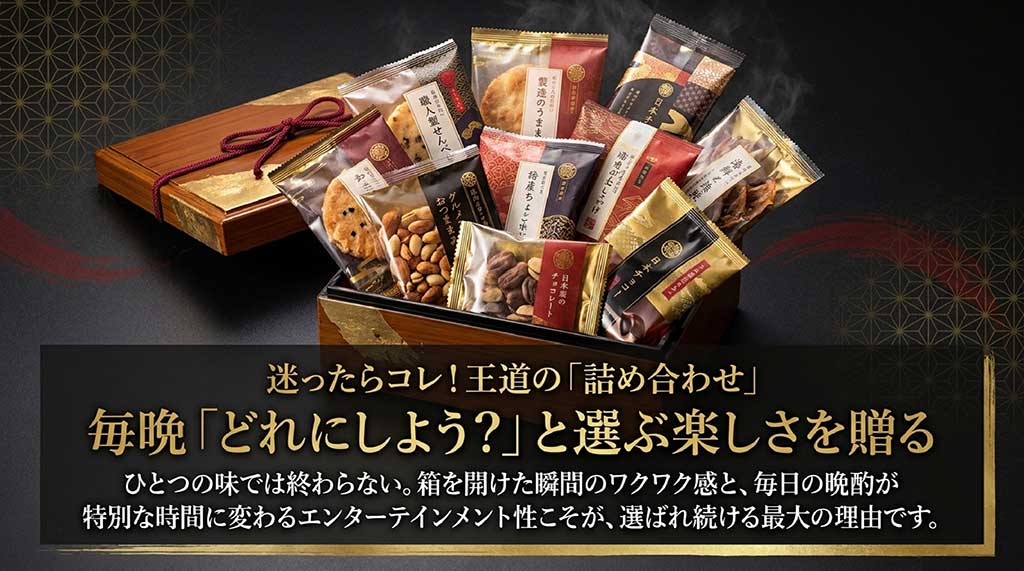 日本酒や海鮮、チョコレートなど様々な種類のおつまみが並ぶ背景に、「迷ったらコレ！王道の詰め合わせ。毎晩『どれにしよう？』と選ぶ楽しさを贈る」と記載されたスライド