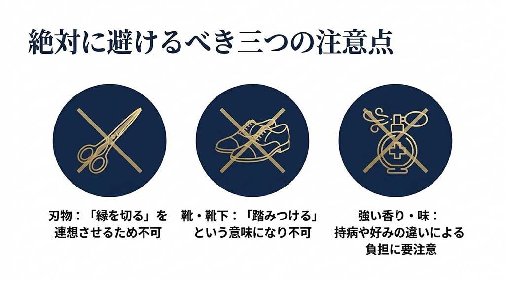 絶対に避けるべき三つの注意点を解説するスライド。縁を切るを連想させる刃物、踏みつけるという意味になる靴・靴下、持病や好みの違いによる負担に注意が必要な強い香り・味の3つに、それぞれ禁止マークがついたアイコンで説明。