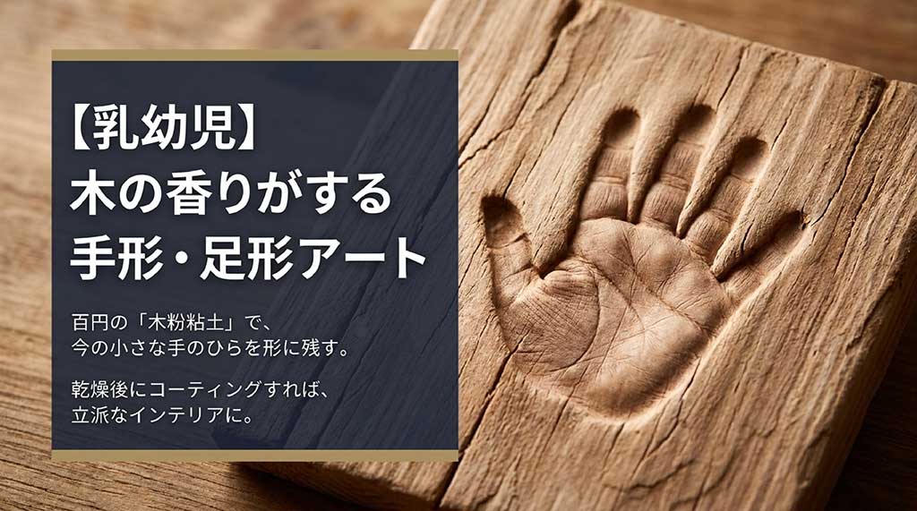 100円の「木粉粘土」を使い、赤ちゃんの小さな手のひらを形に残す手形・足形アートの紹介スライド。乾燥後にコーティングしてインテリアにする提案