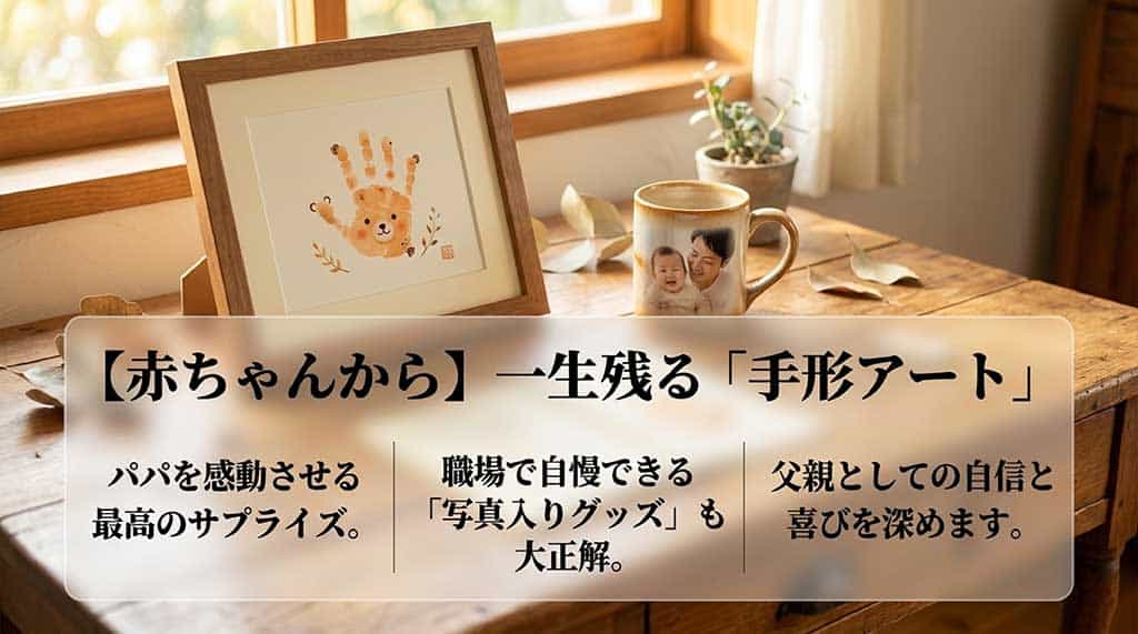 「【赤ちゃんから】一生残る手形アート」の文字と、パパを感動させる最高のサプライズとして、職場で自慢できる写真入りグッズや父親としての自信を深める効果を紹介しているスライド画像