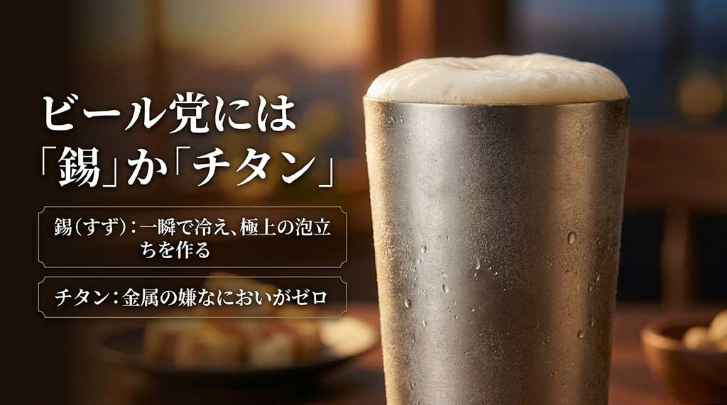 一瞬で冷えて極上の泡立ちを作る「錫(すず)」と、金属の嫌なにおいがゼロな「チタン」という、ビール党のお父さんに選ぶべき素材の特長をまとめたスライド画面。
