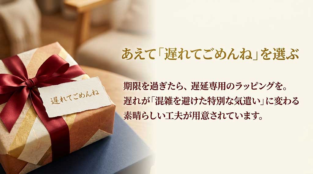 期限を過ぎたら遅延専用のラッピングを選ぶことで、遅れが「混雑を避けた特別な気遣い」に変わる工夫を紹介するスライド