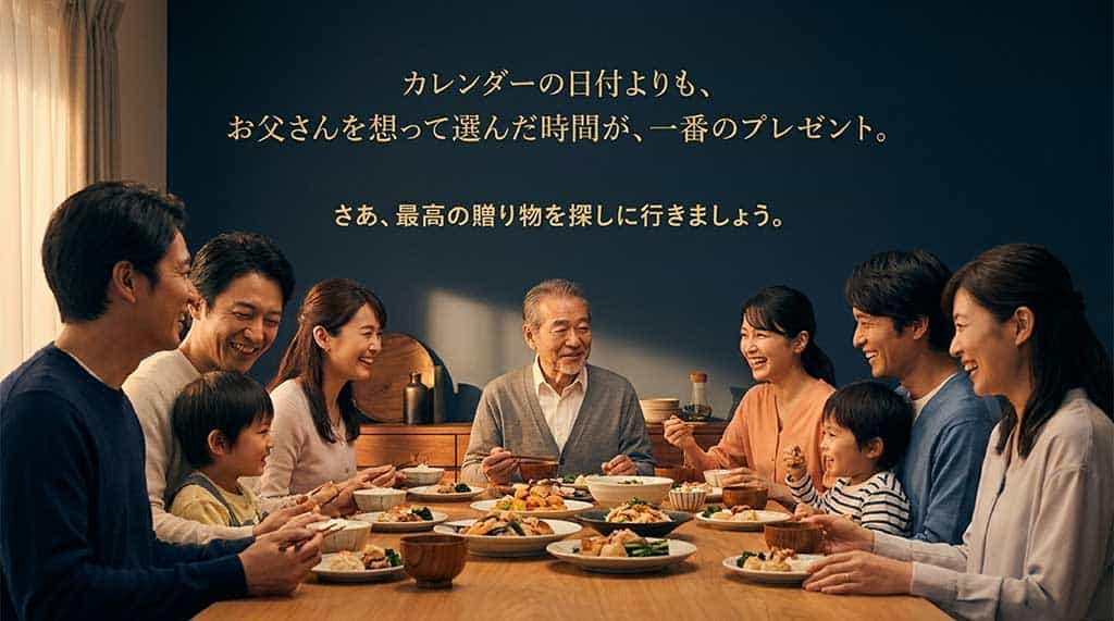 「カレンダーの日付よりも、お父さんを想って選んだ時間が、一番のプレゼント。さあ、最高の贈り物を探しに行きましょう。」という温かいメッセージで結ばれたスライド。