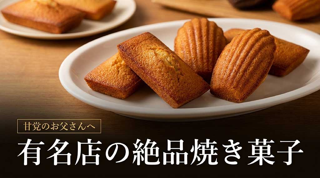「甘党のお父さんへ 有名店の絶品焼き菓子」と書かれた、スイーツギフトの紹介スライド