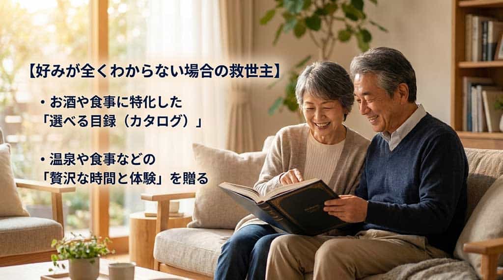 好みが全くわからない場合の救世主。お酒や食事に特化した「選べる目録（カタログ）」、温泉や食事などの「贅沢な時間と体験」を贈る