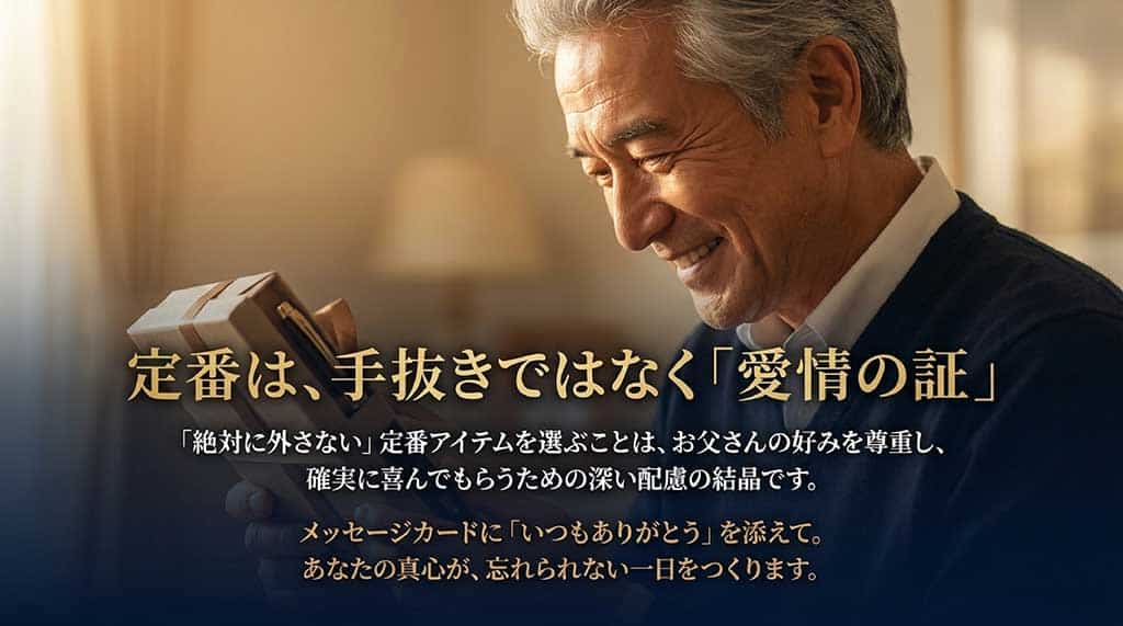 定番アイテムを選ぶことがお父さんへの尊重であり、メッセージを添えることで最高の贈り物になるというまとめ