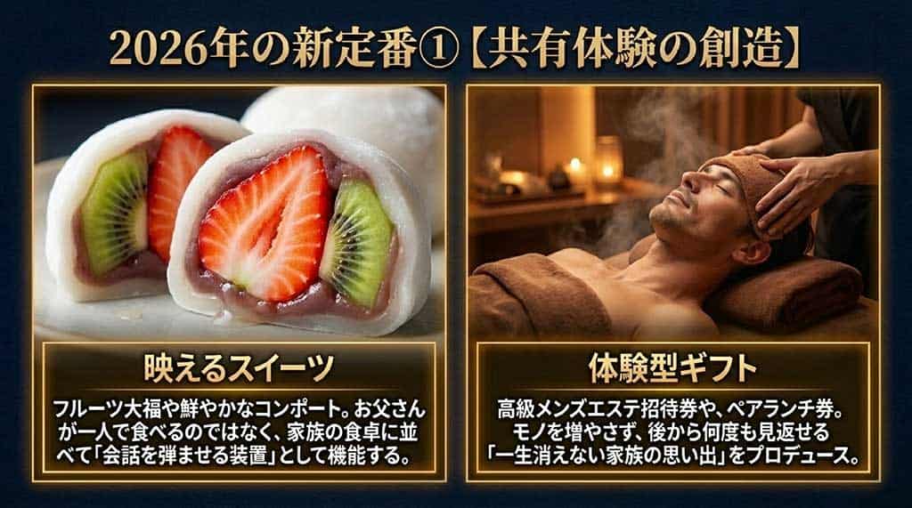 フルーツ大福などの「映える」スイーツと、メンズエステやペアランチ券などの体験型ギフトの提案