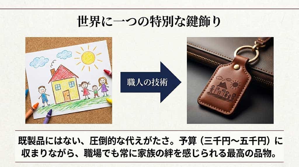 子どもがクレヨンで描いた家族と家の絵が、職人の技術によってブラウンの本革キーホルダーに綺麗に刻印されたオーダーメイドギフトのイメージ