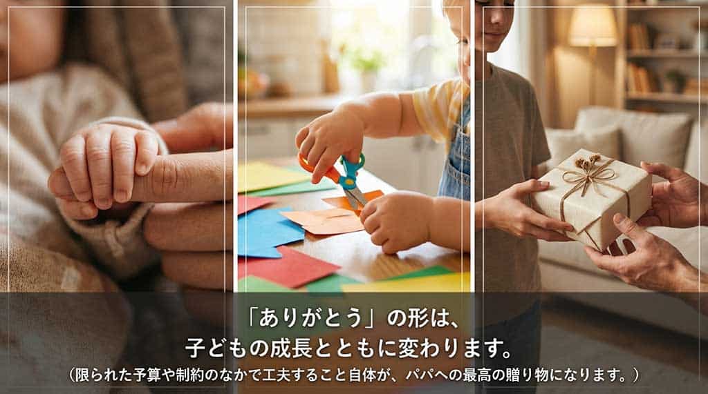 小さな子どもが一生懸命ハサミを使って折り紙を切っている写真と、「ありがとう」の形は子どもの成長とともに変わること、限られた予算や制約の中で工夫すること自体が最高の贈り物になるというメッセージが書かれたスライド