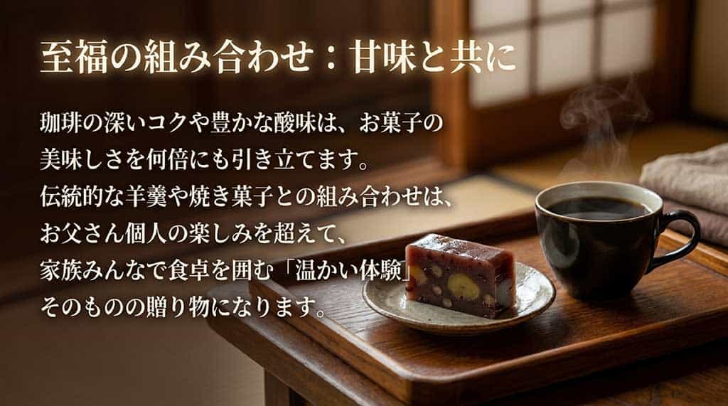 「至福の組み合わせ：甘味と共に」と題されたスライド。珈琲のコクや酸味が伝統的な羊羹や焼き菓子の美味しさを引き立て、家族みんなで食卓を囲む温かい体験の贈り物になることを解説しています。