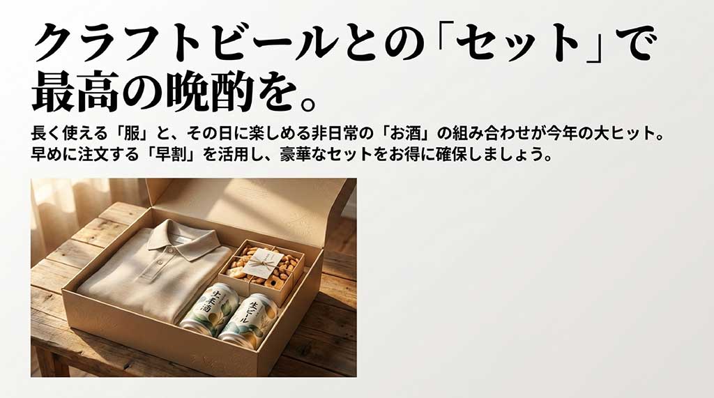 丁寧に折りたたまれたポロシャツ、クラフトビール、生ビール、おつまみがギフトボックスに綺麗に詰められた、父の日の晩酌セットのイラストスライド