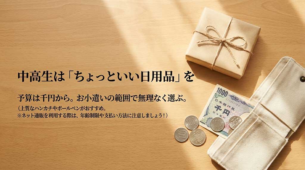 「中高生は『ちょっといい日用品』を」という見出し。予算は千円からのお小遣いの範囲で、上質なハンカチやボールペンがおすすめであることと、ネット通販利用時の注意点が書かれたスライド。千円札や五百円玉のイラスト付き。