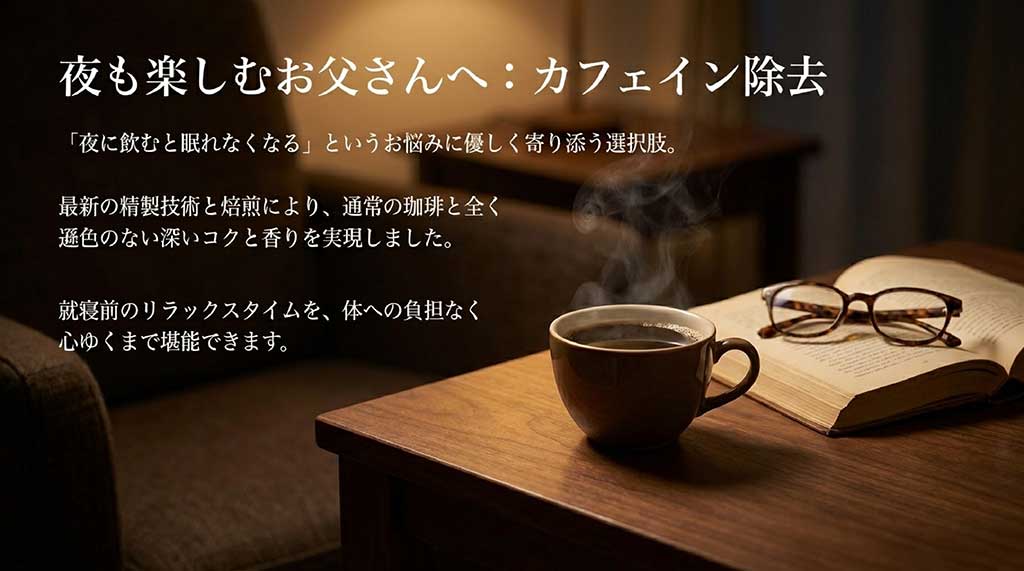 「夜も楽しむお父さんへ：カフェイン除去」と題されたスライド。最新の精製技術と焙煎により、通常の珈琲と遜色のない深いコクと香りを実現し、就寝前の時間を体への負担なく堪能できる選択肢としてデカフェを提案しています。