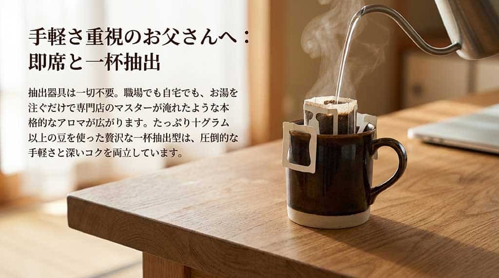 「手軽さ重視のお父さんへ：即席と一杯抽出」と題されたスライド。抽出器具は不要で、お湯を注ぐだけで専門店のマスターが淹れたような本格的なアロマが広がる、10グラム以上の豆を使った贅沢な一杯抽出型珈琲のメリットを説明しています。