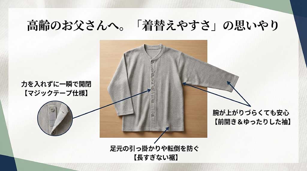マジックテープ仕様、転倒を防ぐ長すぎない裾、前開きでゆったりした袖など、着替えやすさに配慮した機能の紹介スライド