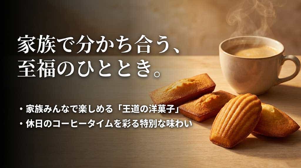 家族みんなで楽しめる王道の洋菓子と、休日の特別なコーヒータイムを彩る味わいをイメージしたスライド画像