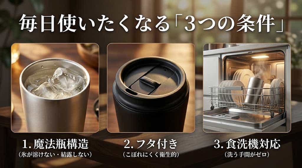 氷が溶けない・結露しない魔法瓶構造、こぼれにくく衛生的なフタ付き、洗う手間がゼロの食洗機対応という、毎日使いたくなるタンブラーの3つの条件を実際の写真付きで解説するスライド画面。
