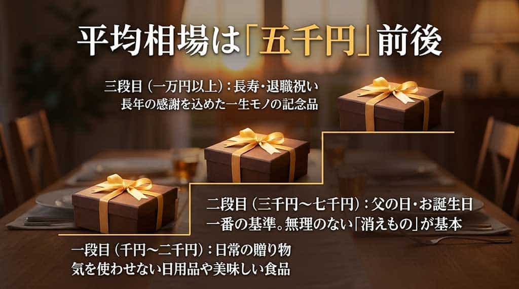 平均相場は5,000円前後であることを示し、1,000円〜2,000円(日常)、3,000円〜7,000円(父の日・誕生日)、1万円以上(長寿・退職祝い)の3段階の予算目安を解説したスライド。