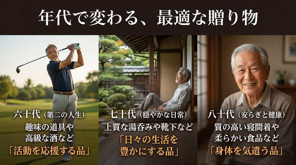 60代には「活動を応援する品(趣味の道具・高級酒)」、70代には「日々の生活を豊かにする品(上質な湯呑み・靴下)」、80代には「身体を気遣う品(質の高い寝間着・柔らかい食品)」と年代別の特徴をまとめたスライド。