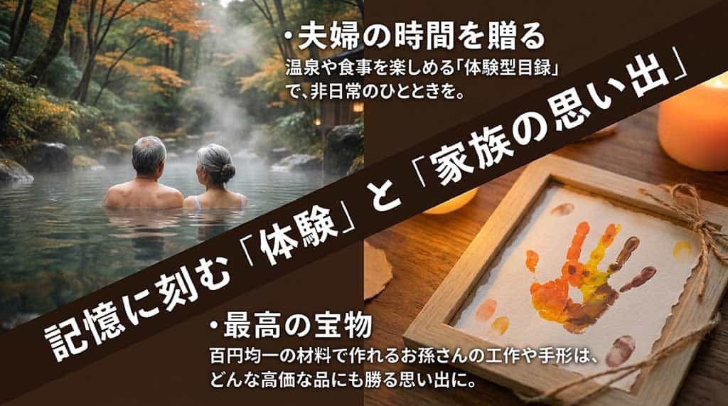 温泉や食事を楽しめる「体験型目録」で夫婦の時間を贈る提案と、100円均一の材料で作れるお孫さんの工作や手形など「最高の宝物」となる手作りの思い出を解説したスライド。