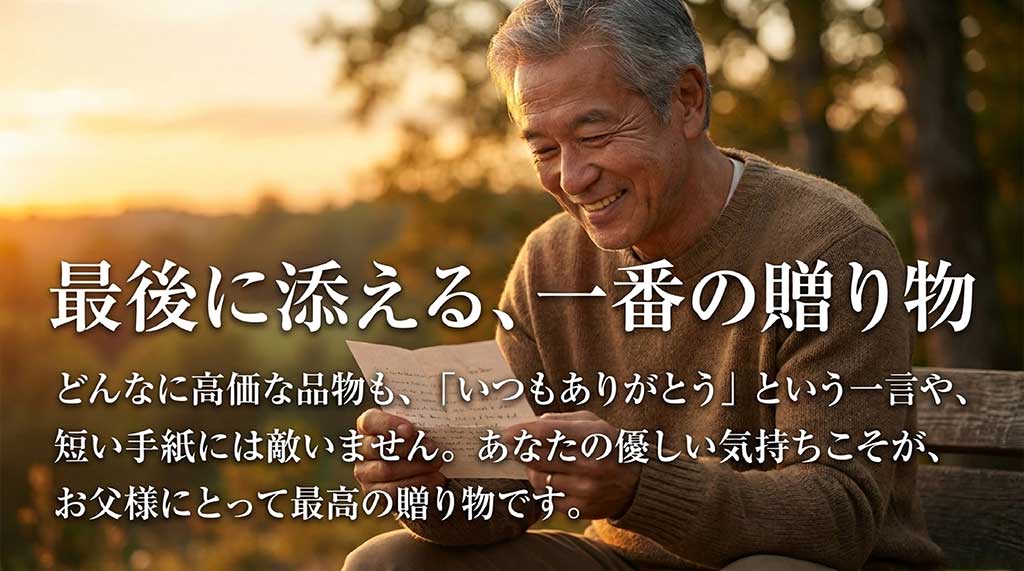 「最後に添える、一番の贈り物」として、どんな高価な品物も「いつもありがとう」という一言や短い手紙には敵わず、優しい気持ちこそが最高の贈り物であると締めくくっているスライド。