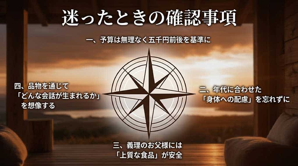 迷ったときの確認事項として、①予算は5,000円前後、②年代に合わせた身体への配慮、③義父には上質な食品、④どんな会話が生まれるか想像する、の4つのポイントをまとめたスライド。