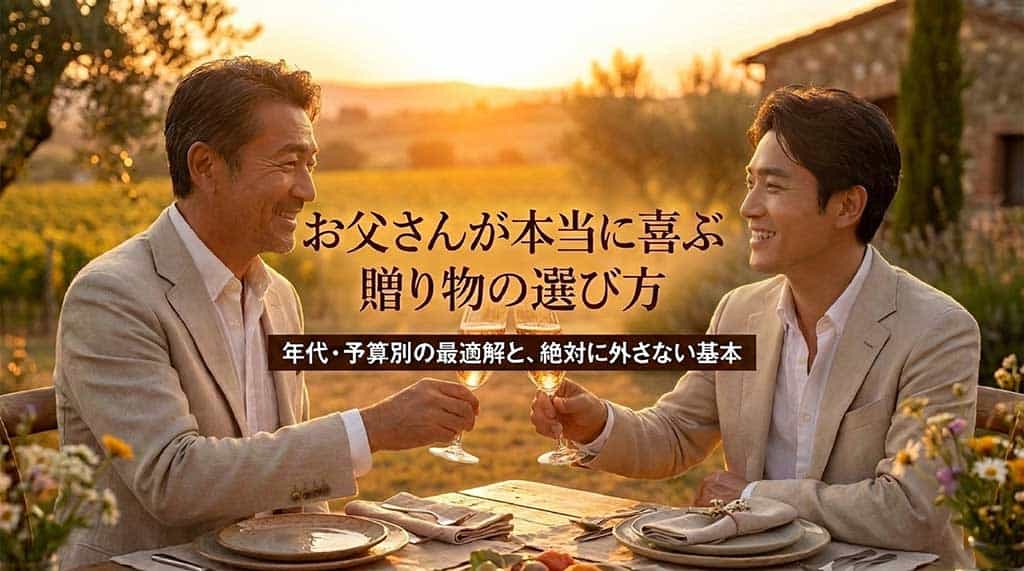 「お父さんが本当に喜ぶ贈り物の選び方 年代・予算別の最適解と、絶対に外さない基本」と書かれたスライド資料の表紙画像。