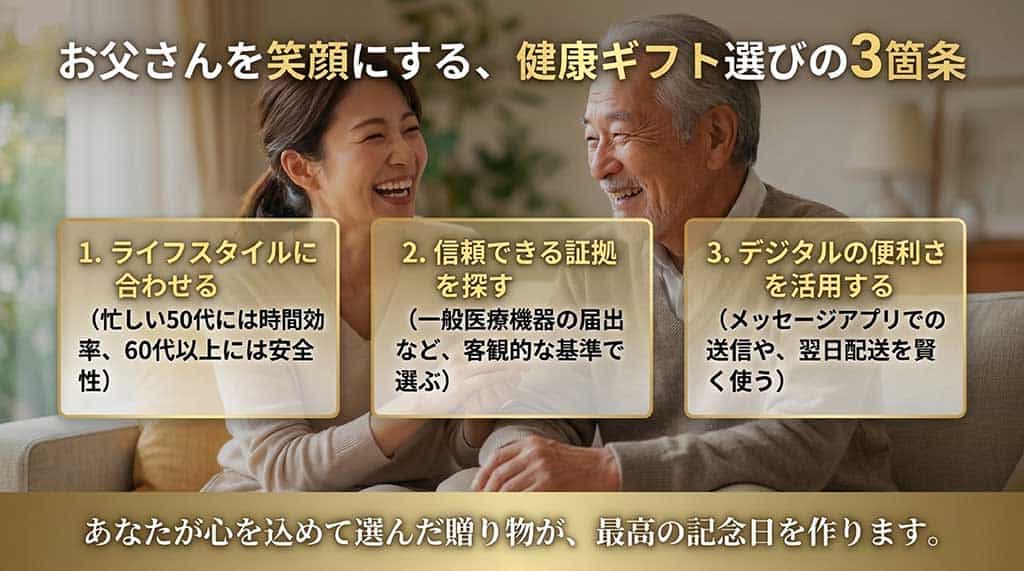お父さんを笑顔にする健康ギフト選びの3箇条として「ライフスタイルに合わせる」「信頼できる証拠を探す」「デジタルの便利さを活用する」を挙げたまとめのスライド