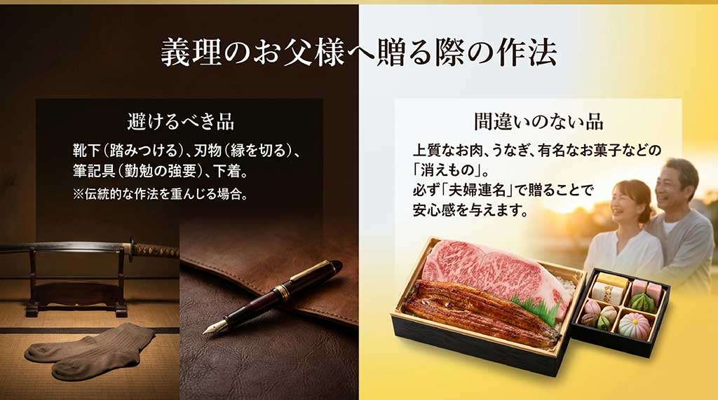義理の父へ贈る際の作法として、避けるべき品(靴下、刃物、筆記具、下着)と、間違いのない品(お肉、うなぎ、お菓子などの消えもの)、夫婦連名で贈るポイントを解説したスライド。