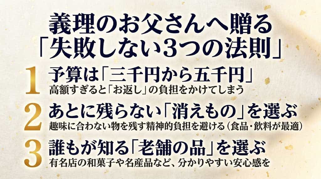 義父へのギフト予算は3〜5千円、消えものを選ぶ、老舗の品を選ぶといった失敗しないためのマナーをまとめたスライド