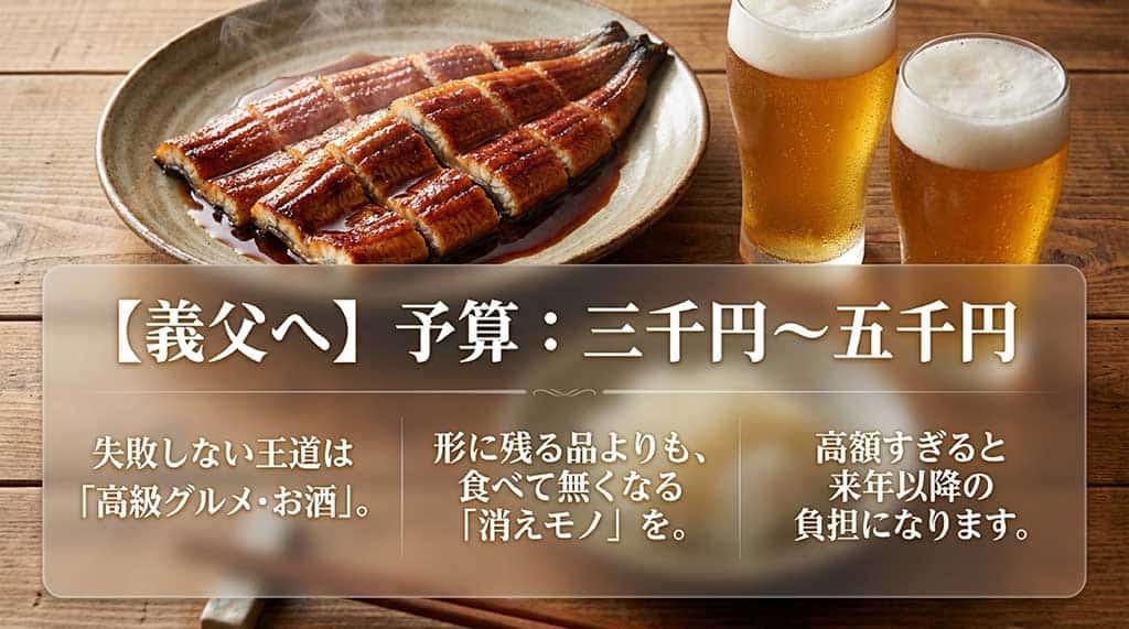 「【義父へ】予算:三千円~五千円」と記載され、失敗しない王道は高級グルメやお酒などの消えモノであること、高額すぎると来年以降の負担になるリスクを説明したスライド画像