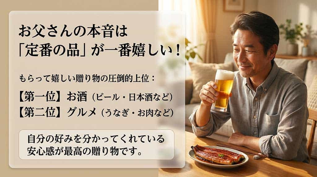 義父への贈り物は「無難な定番」が大正解である理由。奇をてらった品は気を遣わせるため、後に残らない美味しい食品やお酒を贈ることが円滑な関係を保つ思いやりであると解説するスライド。
