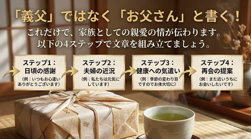 義父に「お父さん」と書く重要性と、感謝、近況、健康、再会の4ステップで構成するメッセージの作り方