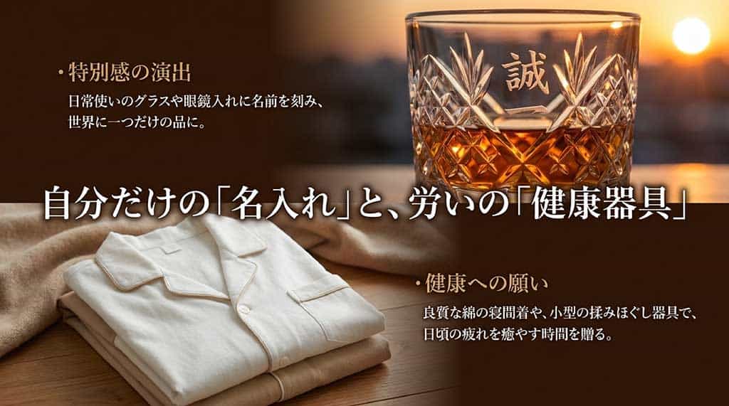 「誠」と名前が刻まれたロックグラスの画像と共に、日常使いのグラスや眼鏡入れなどの名入れによる特別感の演出と、良質な寝間着や小型マッサージ器などの健康への願いを解説したスライド。