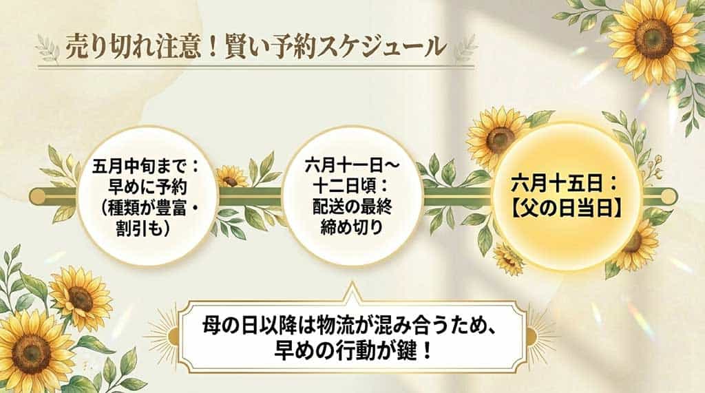 5月中旬までの早割、6月上旬の配送締め切り、6月15日の当日までを時系列でまとめた予約カレンダー