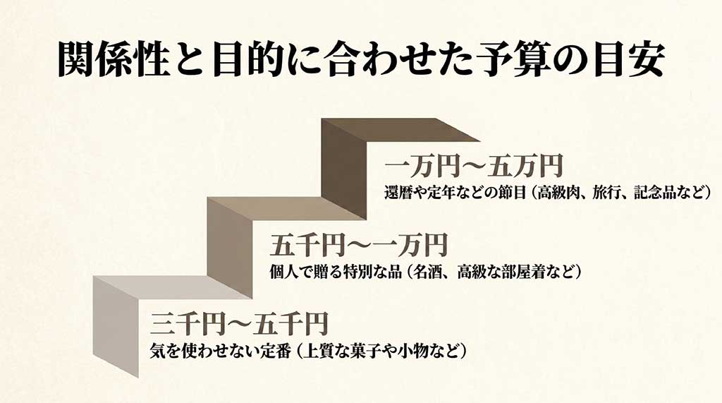 「関係性と目的に合わせた予算の目安」のスライド。3,000円〜5,000円(気を使わせない定番)、5,000円〜1万円(個人で贈る特別な品)、1万円〜5万円(還暦や定年などの節目)と3つの価格帯を解説しています。