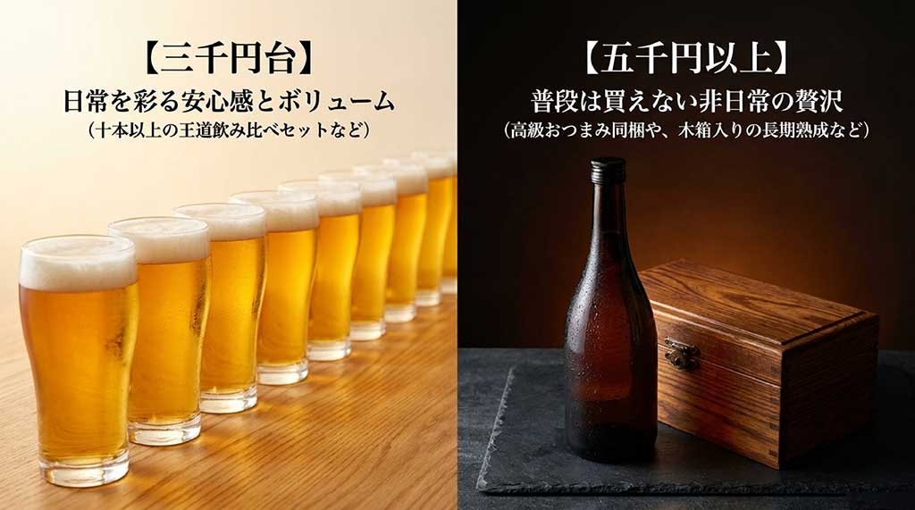 3,000円台と5,000円台のビールギフトの内容や満足度の違いを比較した表