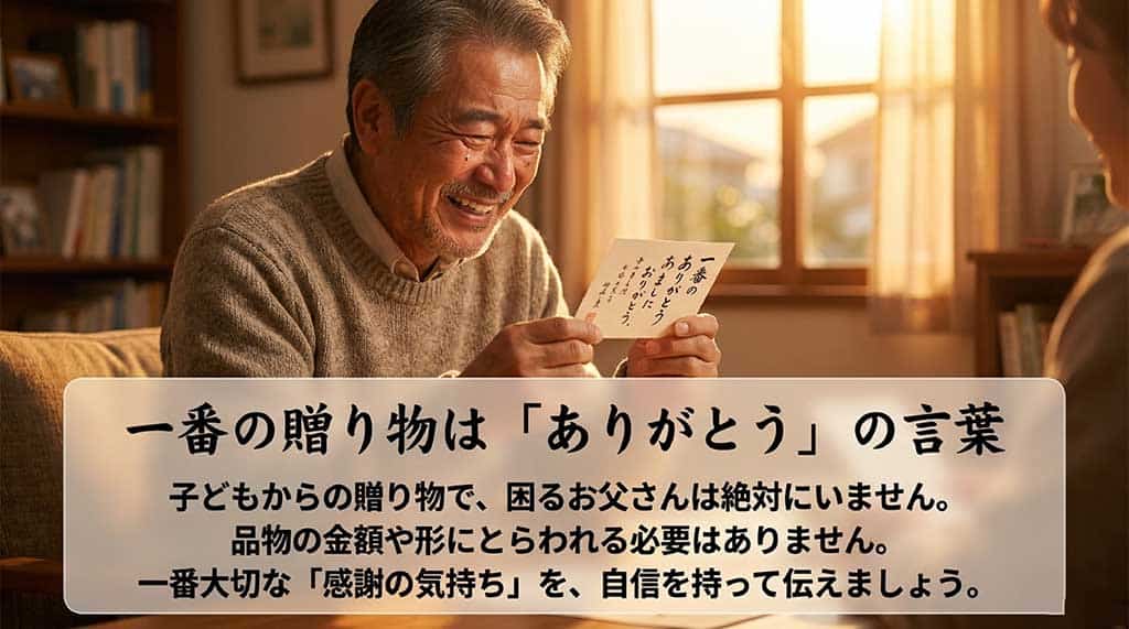 「一番の贈り物は『ありがとう』の言葉」と大きく書かれ、子どもからの贈り物で困る父親はいないこと、金額や形にとらわれず感謝の気持ちを自信を持って伝えることが大切だと説く、心温まるスライド画像
