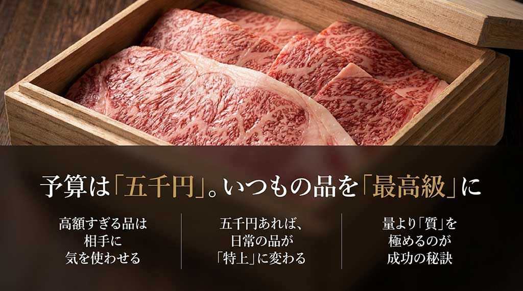 予算5,000円で日常品を特上の質に格上げし、量より質を重視することを勧める図解