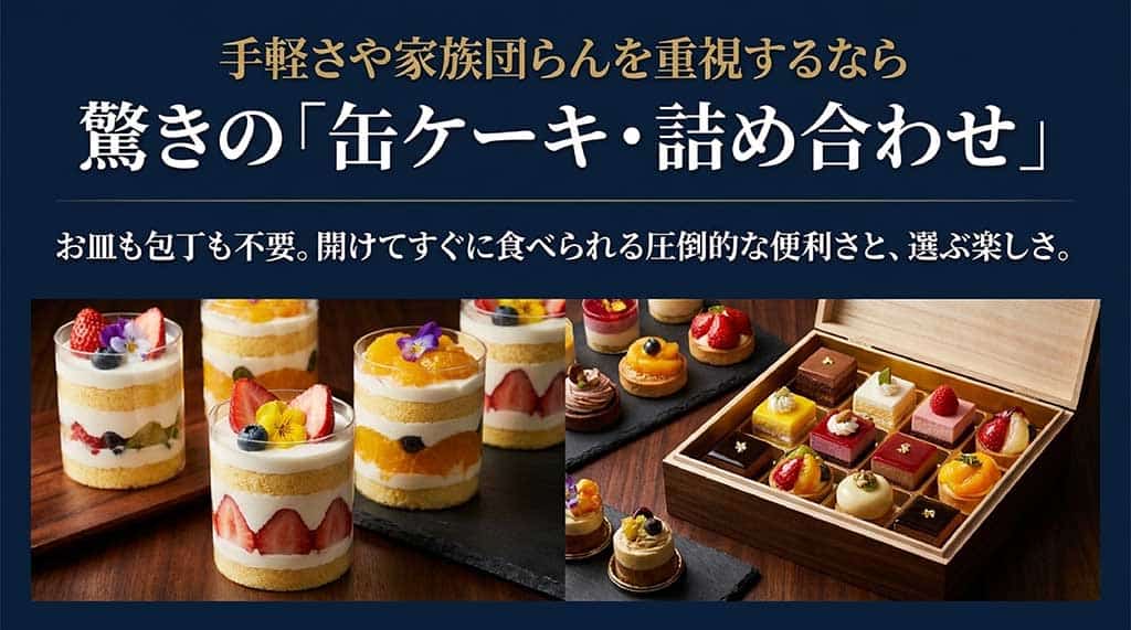 包丁不要で手軽に楽しめる、美しい層の缶ケーキとバラエティ豊かなケーキ詰め合わせのイメージ画像